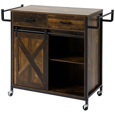 HOMCOM Rustic Farmhouse Kitchen Cart, Rolling Storage Island With Adjustable Shelf, Two Drawers, Sliding Barn Door Cabinet And Towel Rack 3 HOMCOM Rustic Farmhouse Kitchen Cart, Rolling Storage Island With Adjustable Shelf, Two Drawers, Sliding Barn Door Cabinet And Towel Rack - Image 3