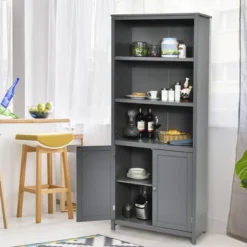 Costway Bookcase Shelving Storage Wooden Cabinet Unit Standing Bookcase W/Doors Gray -Chic Furniture Store GUEST c0735082 ffa0 4db0 a857 c887fe43ba15