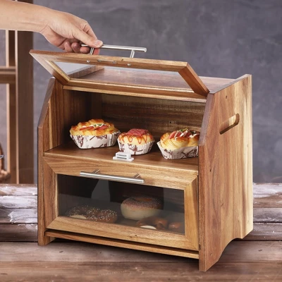 Farmhouse Acacia Wood Bread Box–2-Tier Rustic Storage With Clear Acrylic Door & Freshness Vents | Spacious Countertop Organizer For Bread, Baked Goods 6 Farmhouse Acacia Wood Bread Box–2-Tier Rustic Storage With Clear Acrylic Door & Freshness Vents | Spacious Countertop Organizer For Bread, Baked Goods - Image 6