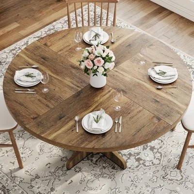 Garvee Round Dining Table For 4-6 People, 47 Inch Farmhouse Kitchen Table With Wooden Tabletop And Stable Base, For Dining Room Living Room, Brown 1 Garvee Round Dining Table For 4-6 People, 47 Inch Farmhouse Kitchen Table With Wooden Tabletop And Stable Base, For Dining Room Living Room, Brown