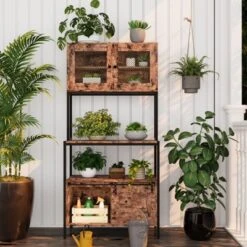 63" Industrial Microwave Stand 5-Tier Kitchen Bakers Rack With Cabinets & Charging Station, Utility Shelves Storage Shelf For Dining Room