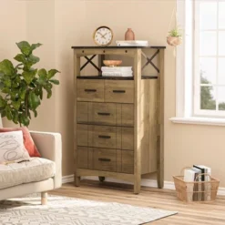 Bestier Rustic Storage Cabinet Organizer Table With 2 Display Shelves And 5 Drawers For Living Room, Office, Bedroom, Or Hallway, Brown -Chic Furniture Store GUEST dd9312fe 4388 4d90 a192 b0bfd8998e25