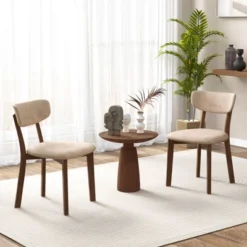 Costway 2 PCS Upholstered Dining Chairs Set Of 2 With Solid Rubber Wood Frame, Curved Backrest Brown/Grey -Chic Furniture Store GUEST de4f6487 8a2c 4c87 8637 fd928a3baaab