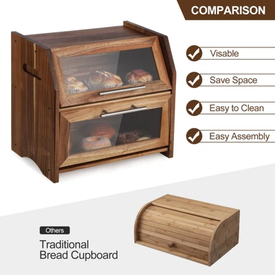 Farmhouse Acacia Wood Bread Box–2-Tier Rustic Storage With Clear Acrylic Door & Freshness Vents | Spacious Countertop Organizer For Bread, Baked Goods 3 Farmhouse Acacia Wood Bread Box–2-Tier Rustic Storage With Clear Acrylic Door & Freshness Vents | Spacious Countertop Organizer For Bread, Baked Goods - Image 3