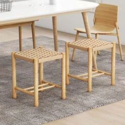 Costway Dining Stool Set Of 2/4 18'' Backless With Rubber Wood Frame Woven Paper Seat Kitchen