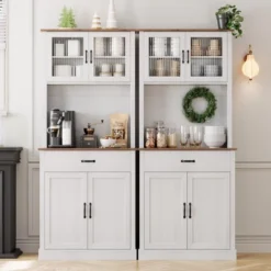 71" Kitchen Pantry Cabinet With Microwave Stand - Freestanding Coffee Bar Storage With Glass Doors & Adjustable Shelves For Dining Room White -Chic Furniture Store GUEST f53310f4 ff84 4931 b94f 4dc3d7c5f66a