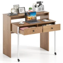 Costway 39.5" Expandable Rolling Computer Desk With Monitor Shelf 2-tier Desktop 2 Drawers Natural/Brown/Black -Chic Furniture Store GUEST f9c9436d cd4b 4405 abc5 fc722b128f99