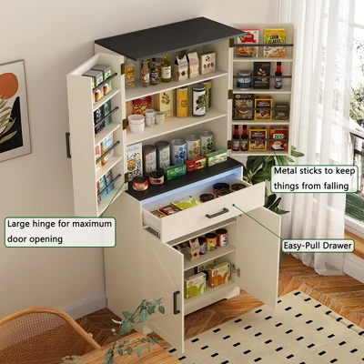 KTMBDW 67.7¡± Pantry Cabinet, Tall Kitchen Storage Cabinet With 4 Doors And 1 Drawer, Cupboard With 6 Hanging Shelves For Kitchen, Dining Room, White 4 KTMBDW 67.7¡± Pantry Cabinet, Tall Kitchen Storage Cabinet With 4 Doors And 1 Drawer, Cupboard With 6 Hanging Shelves For Kitchen, Dining Room, White - Image 4